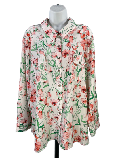 Tommy Hilfiger Women's White/Green Floral Long Sleeve Button Up Shirt - Plus 2X