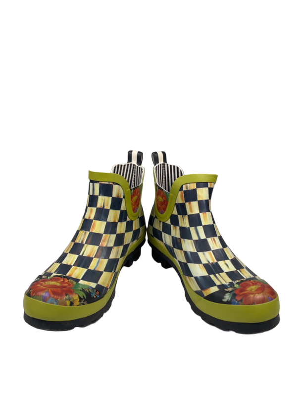 Mackenzie Childs Women's Green Checkered Short Rubber Rain Boots - 10 image 6