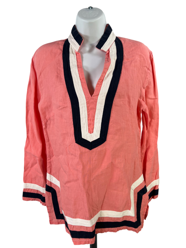 Castaway Women's Pink Linen Long Sleeve Tunic V-Neck Shirt - S