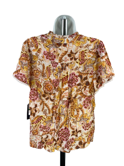 Democracy Women's Orange/Brown Floral Button Up Short Sleeve Blouse - Petite L image 2