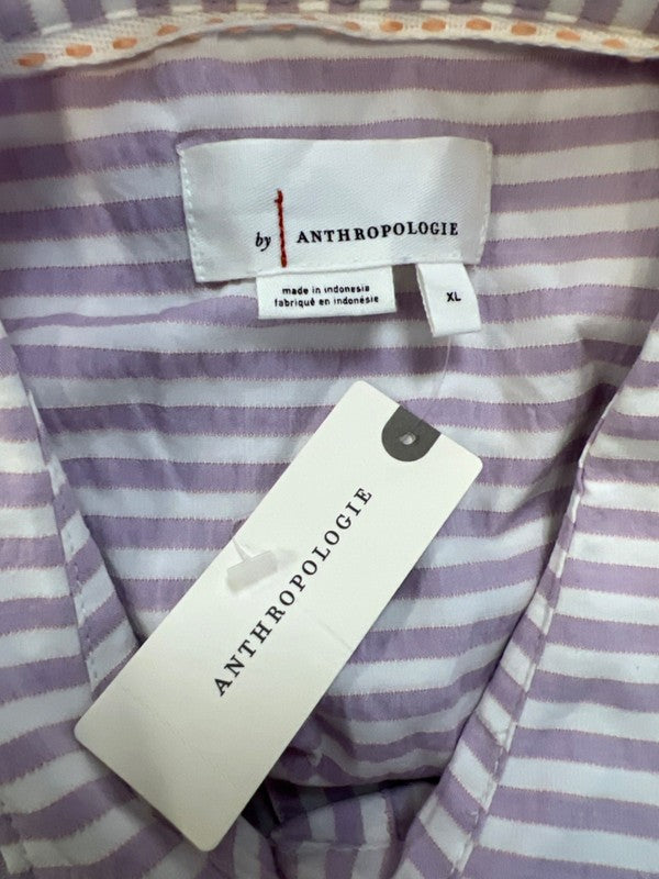 By Anthropologie Women's Purple Neutral Striped Longline Button Up Blouse - XL image 3