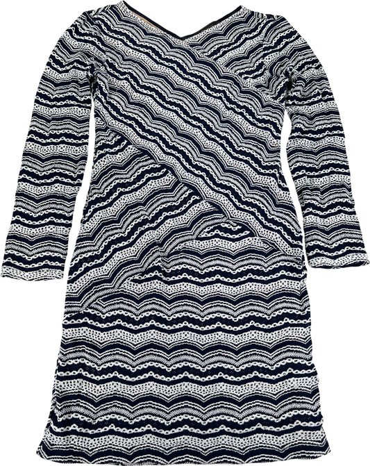 BCBGMaxazria Women’s Blue/White Lace Lined Long Sleeve Sheath Dress - L