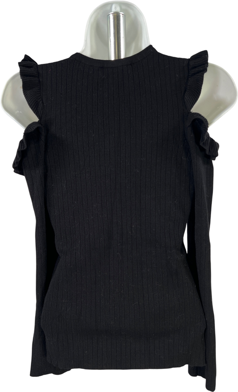 White House Black Market Women’s Black Ruffle Cold Shoulder Sweater - S image 2