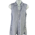 J Jill Women's Blue/White Linen Striped V Neck Button Up Sleeveless Blouse - XS