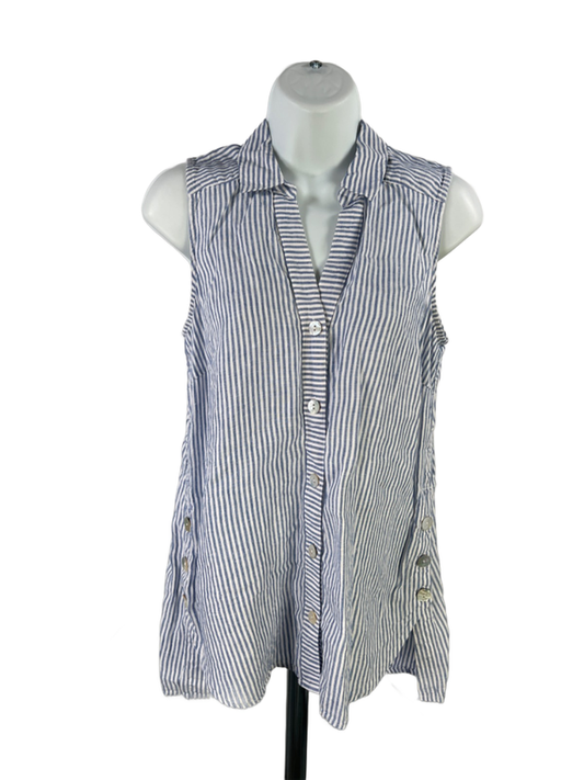 J Jill Women's Blue/White Linen Striped V Neck Button Up Sleeveless Blouse - XS