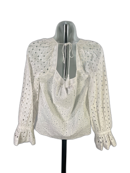 BCBGMaxazria Women's White Eyelet Sheer Long Sleeve Blouse - S image 2