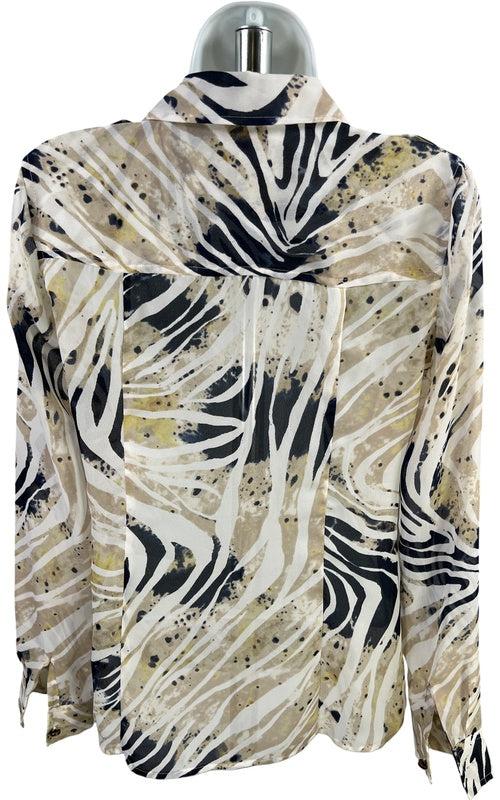Michael Kors Women’s Beige/Blue Long Sleeve Semi Sheer Button Up Blouse - 2 image 3