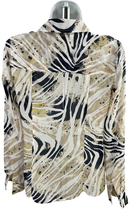 Michael Kors Women’s Beige/Blue Long Sleeve Semi Sheer Button Up Blouse - 2 image 3