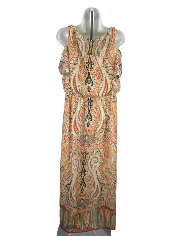 Chico's Women's Orange V-Neck Short Cold Shoulder Sleeve Maxi Dress - 1/US M image 2