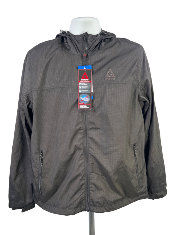 Gerry Men's Black Zip Up Water Resistant Hooded Windbreaker Jacket - L