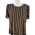 Anne Klein Women's Black/Brown Striped Short Sleeve Keyhole Back Blouse - M