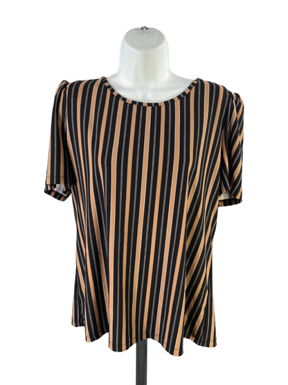 Anne Klein Women's Black/Brown Striped Short Sleeve Keyhole Back Blouse - M