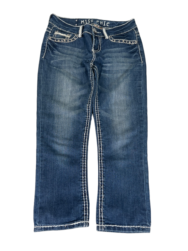 Miss Chic Women's/Juniors Medium Wash Rhinestone Cropped Denim Jeans - 3