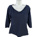 White House Black Market Women's Blue/Black Striped Striped V-Neck Blouse -