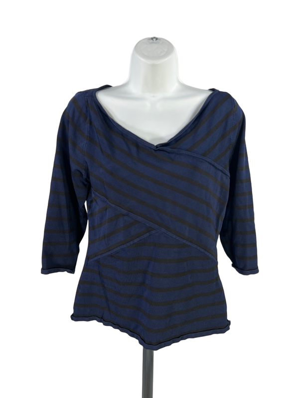 White House Black Market Women's Blue/Black Striped Striped V-Neck Blouse -