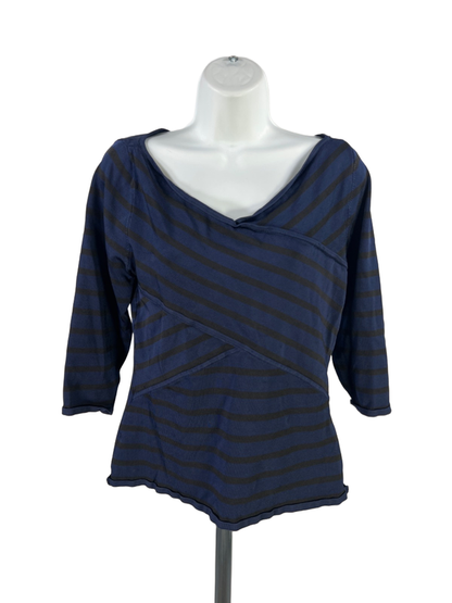 White House Black Market Women's Blue/Black Striped Striped V-Neck Blouse -