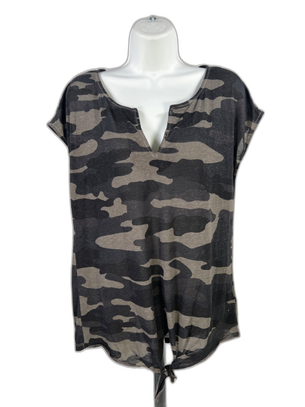 Lucky Brand Women's Gray/Black Camo Tie Front Short Sleeve T-Shirt - M