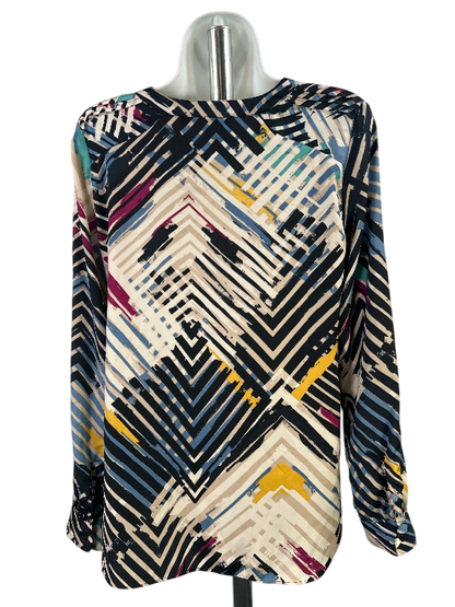 Ann Taylor Women's Blue/Beige Long Roll Sleeve Button Up Blouse - XS image 2