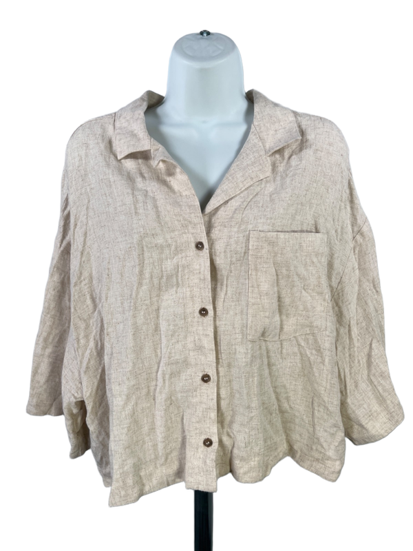 Topshop Women's Beige Linen Blend Short Sleeve Cropped Button Up Shirt - 12 image 2