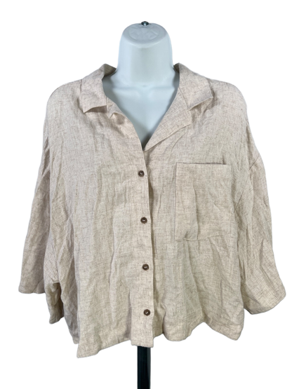 Topshop Women's Beige Linen Blend Short Sleeve Cropped Button Up Shirt - 12 image 2