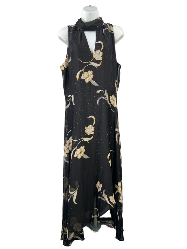 White House Black Market Women's Black Floral Hi-Low Sleeveless Maxi Dress - 14