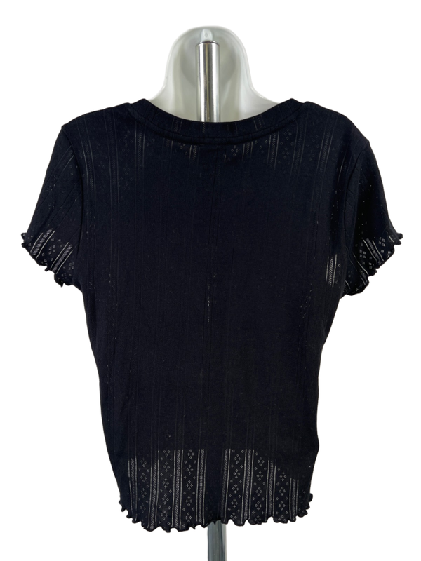 Splendid Women's Black Pointelle Lettuce Hem Short Sleeve Shirt - XL image 2