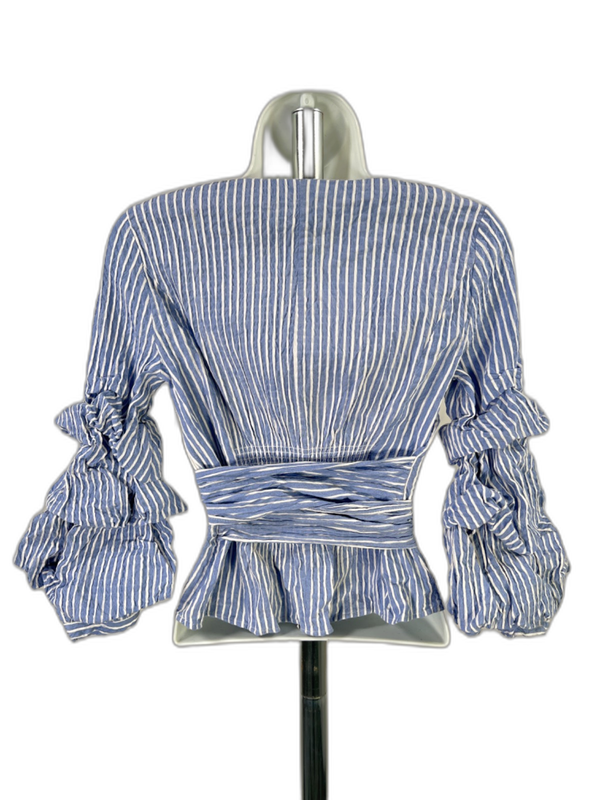 White House Black Market Women's Blue/White Striped Smock Tie Waist Blouse - 00 image 2