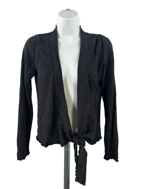 White House Black Market Women's Black Silk Lettuce Hem Cardigan Shawl - L