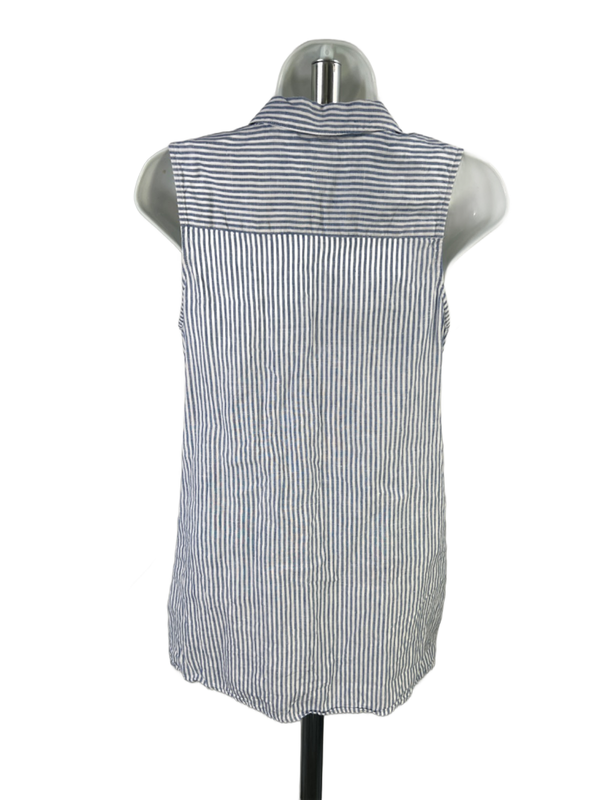 J Jill Women's Blue/White Linen Striped V Neck Button Up Sleeveless Blouse - XS image 6