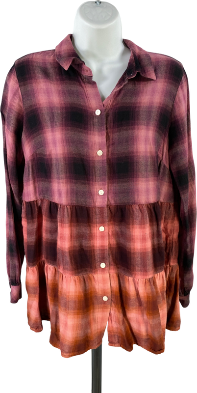 J.Jill Women’s Purple Plaid Long Sleeve Tiered Button Up Blouse - XS