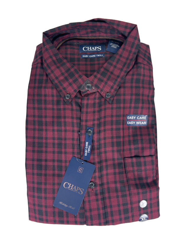 Chaps Men's Burgundy/Black Plaid Long Sleeve Button Up Shirt - XL