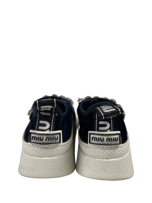 Miu Miu Women's Blue Velvet Crystal Accent Platform Loafers - 39/US 8.5 image 4