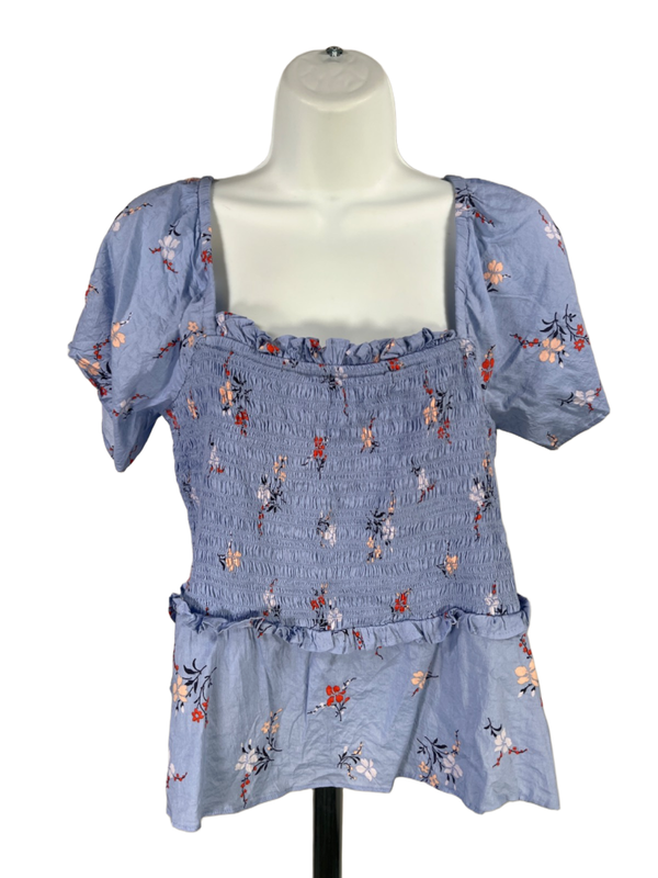 Madewell Women's Blue Floral Flutter Sleeve Smocked Blouse - M