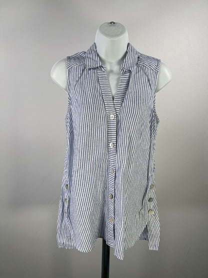 J Jill Women's Blue/White Linen Striped V Neck Button Up Sleeveless Blouse - XS image 5