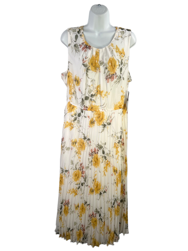 Studio One Women's White/Yellow Floral Pleated Belted Sleeveless Maxi Dress - 18