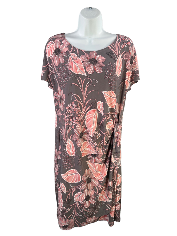 Robbie Bee Women's Gray/Pink Embroidered Front Wrap Short Sleeve Mini Dress - L