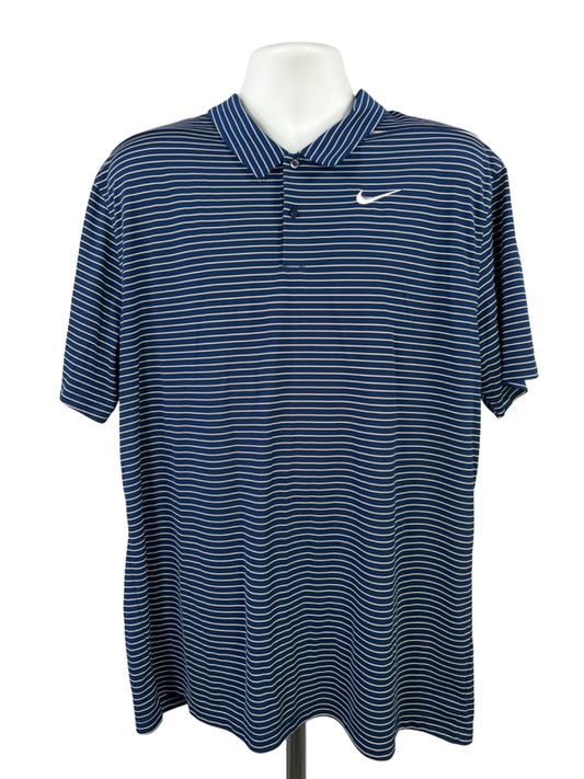 Nike Men's Blue/White Striped Short Sleeve Dri-Fit Athletic Polo - XL