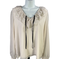 LOFT Women's White/Ivory/Black Sheer Sleeve Ruffle Trim V-Neck Blouse - M