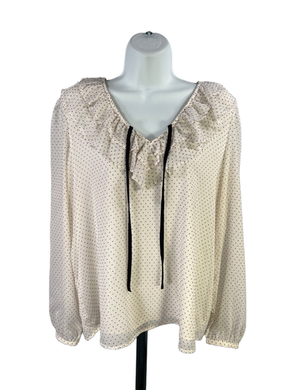 LOFT Women's White/Ivory/Black Sheer Sleeve Ruffle Trim V-Neck Blouse - M