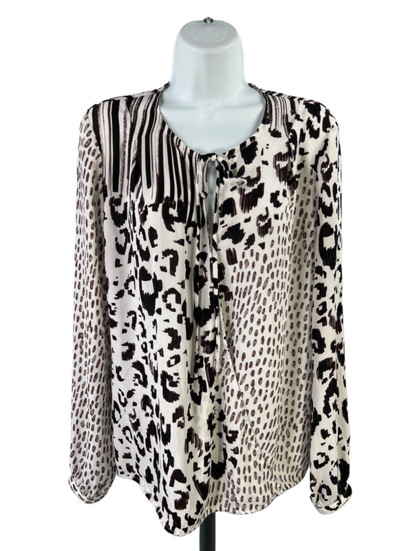 Cabi Women's White/Brown Long Sleeve Faux Wrap Front Semi-Sheer Blouse - M