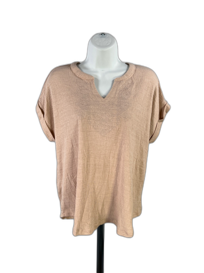 Cable And Gauge Women's Beige Embroidered Knit Cuffed Short Sleeve Shirt - L