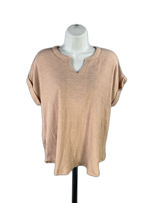 Cable And Gauge Women's Beige Embroidered Knit Cuffed Short Sleeve Shirt - L
