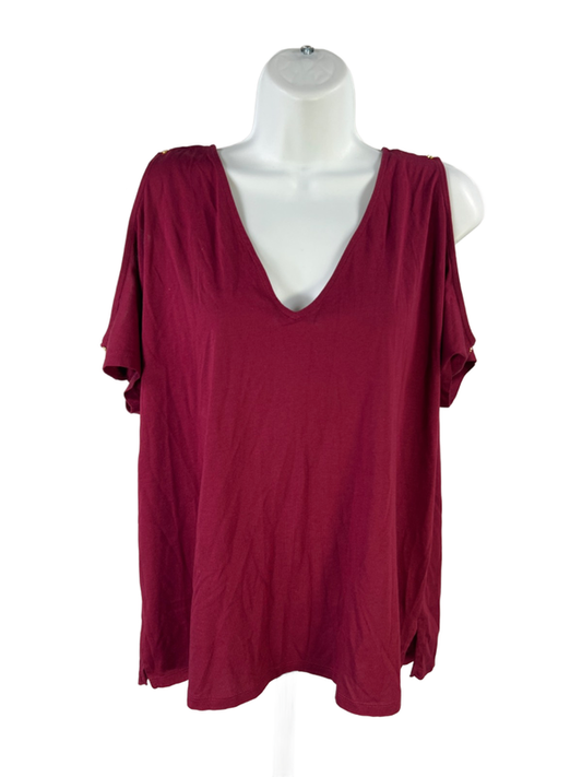 Michael Kors Women's Burgundy Short Cold Shoulder Sleeve T-Shirt - XL
