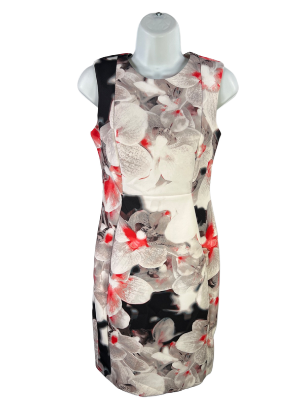 Calvin Klein Women's Gray/Red Floral Sleeveless Sheath Midi Dress - 4 Petite