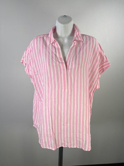 Lola River Women's White/Pink Miley Striped V Neck Cuff Short Sleeve Shirt - L image 5