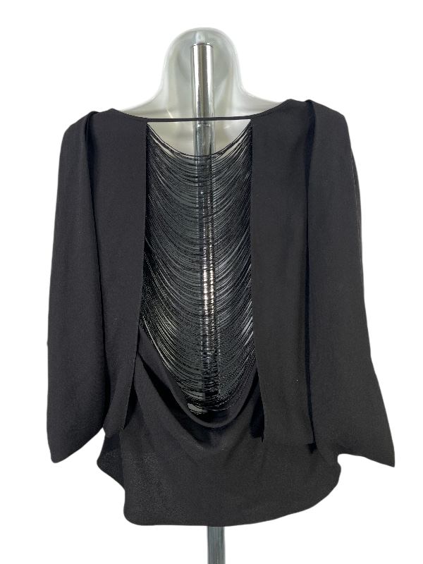 BCBGMaxazria Women's Black Kyleigh Fringeback Slit Sleeve Blouse - M image 2