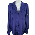 White House Black Market Women's Blue/Purple Satin Long Roll Sleeve Blouse - M
