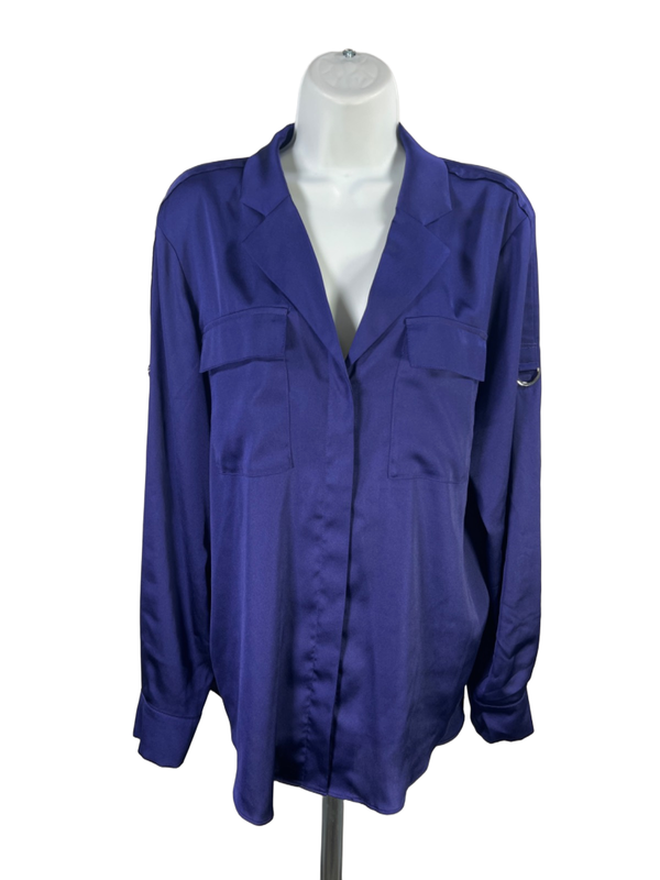 White House Black Market Women's Blue/Purple Satin Long Roll Sleeve Blouse - M