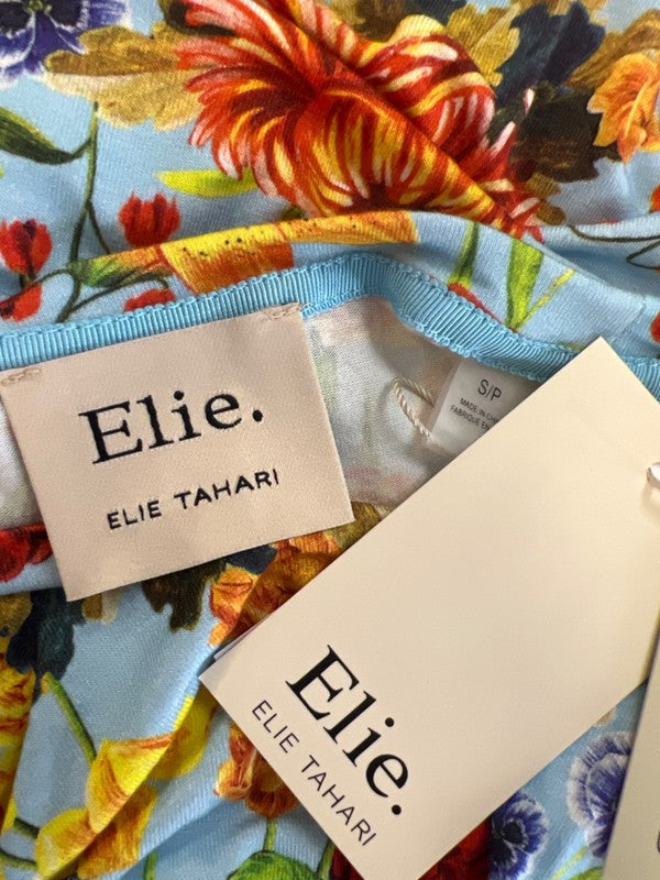 Elie Tahari Women's Blue/Orange Floral Short Cap Sleeve Tee Shirt - S Petite image 3