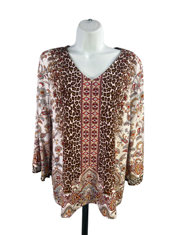 Chico's Womens White/Brown Paisley/Animal Print3/4 Sleeve V-Neck Blouse - 1/US M